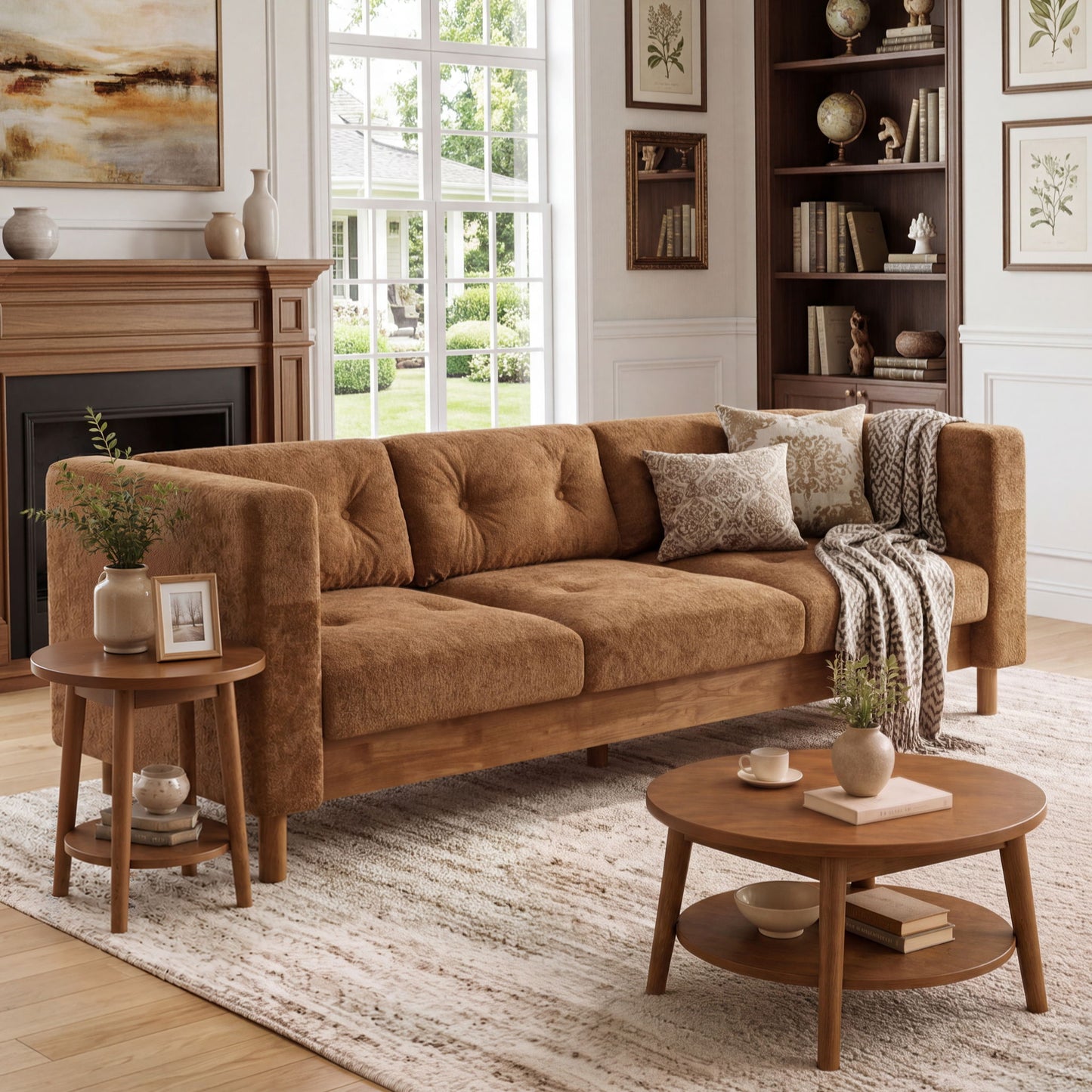 3 Seater Sofa With Square Arms, Tufted Pillow Back For Living Room