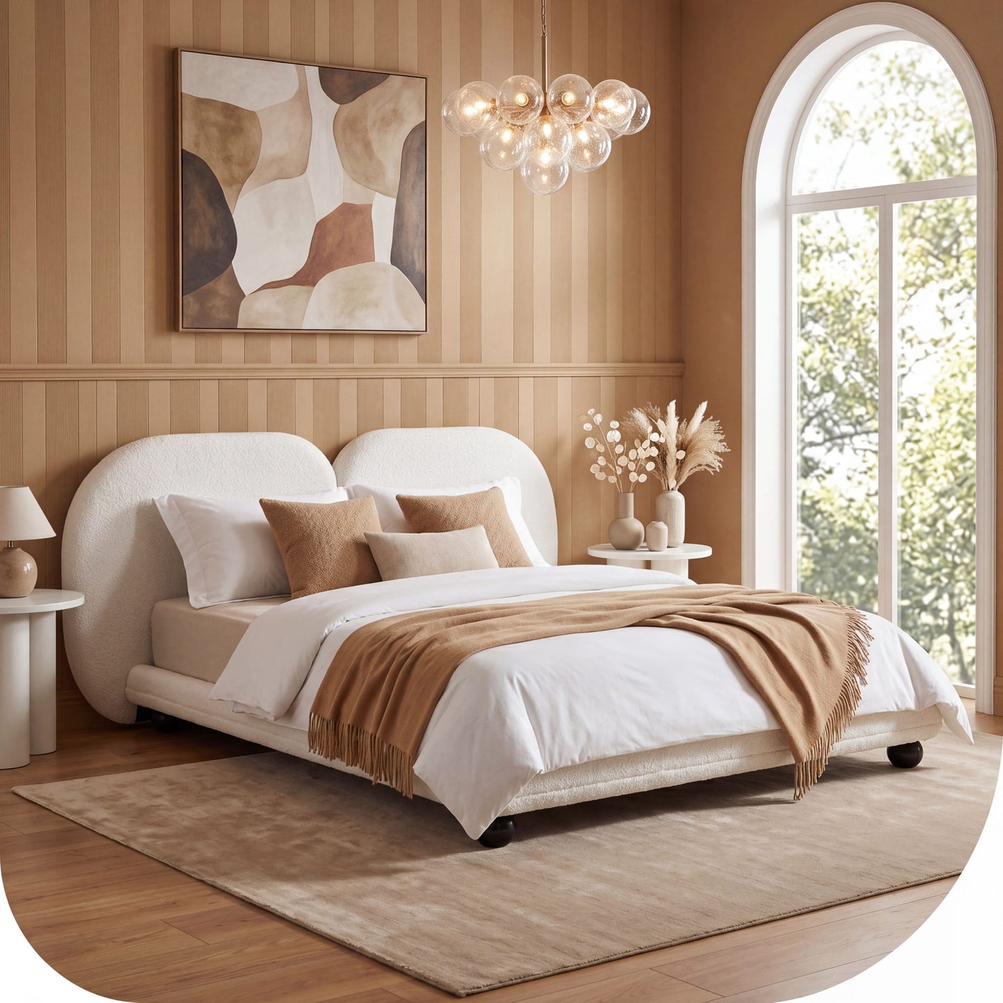 King Size Upholstered Platform Bed With Split Headboard - White