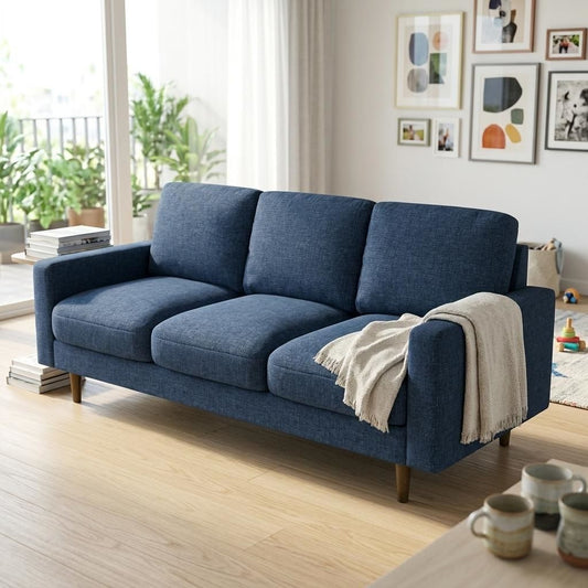 Modern Upholstered 3‑Seat Sofa Couch, Polyester Fabric Sofa With Accent Pillows, Loose Back Cushion For Living Room Apartment - Dark Blue