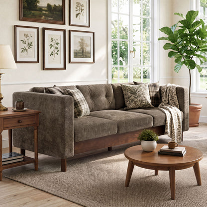3 Seater Sofa With Square Arms, Tufted Pillow Back For Living Room