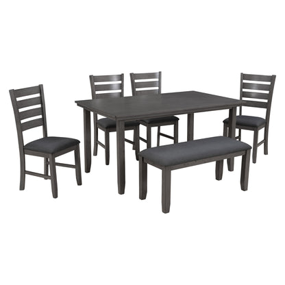 Dining Set For 6, Upholstered Chairs, Includes Table, 4 Chairs, And 2 Person Bench - Gray