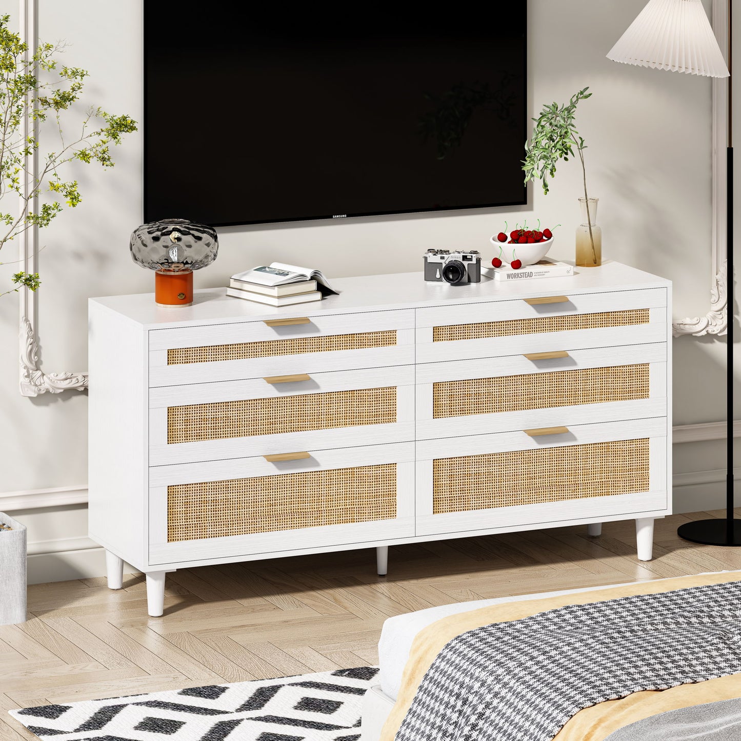 Rattan Dresser With 6 Drawers, Wooden Legs & Metal Handle