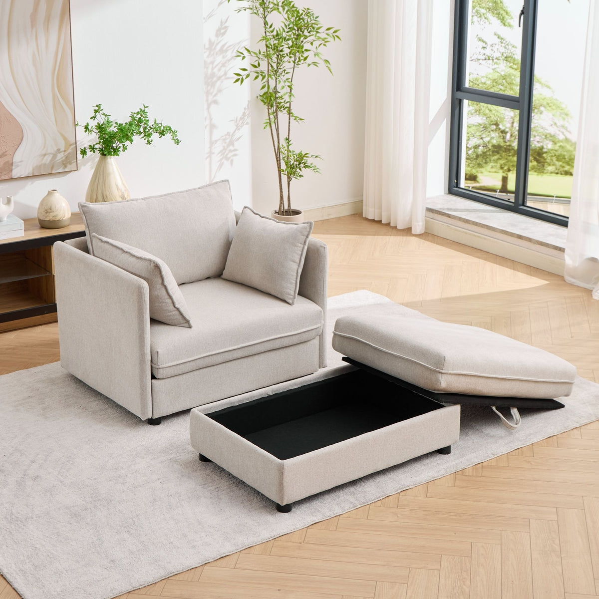 Oversized Deep Seat Accent Chair With Matching Storage Ottoman & Throw Pillows