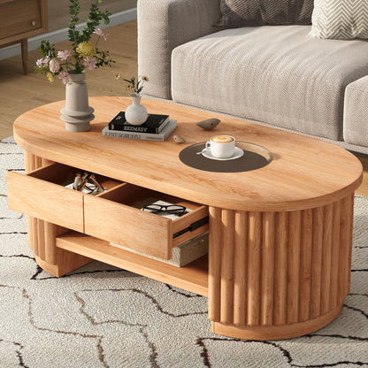 Fluted Oval Coffee Table With Drawers, 2 Tier Cocktail Table