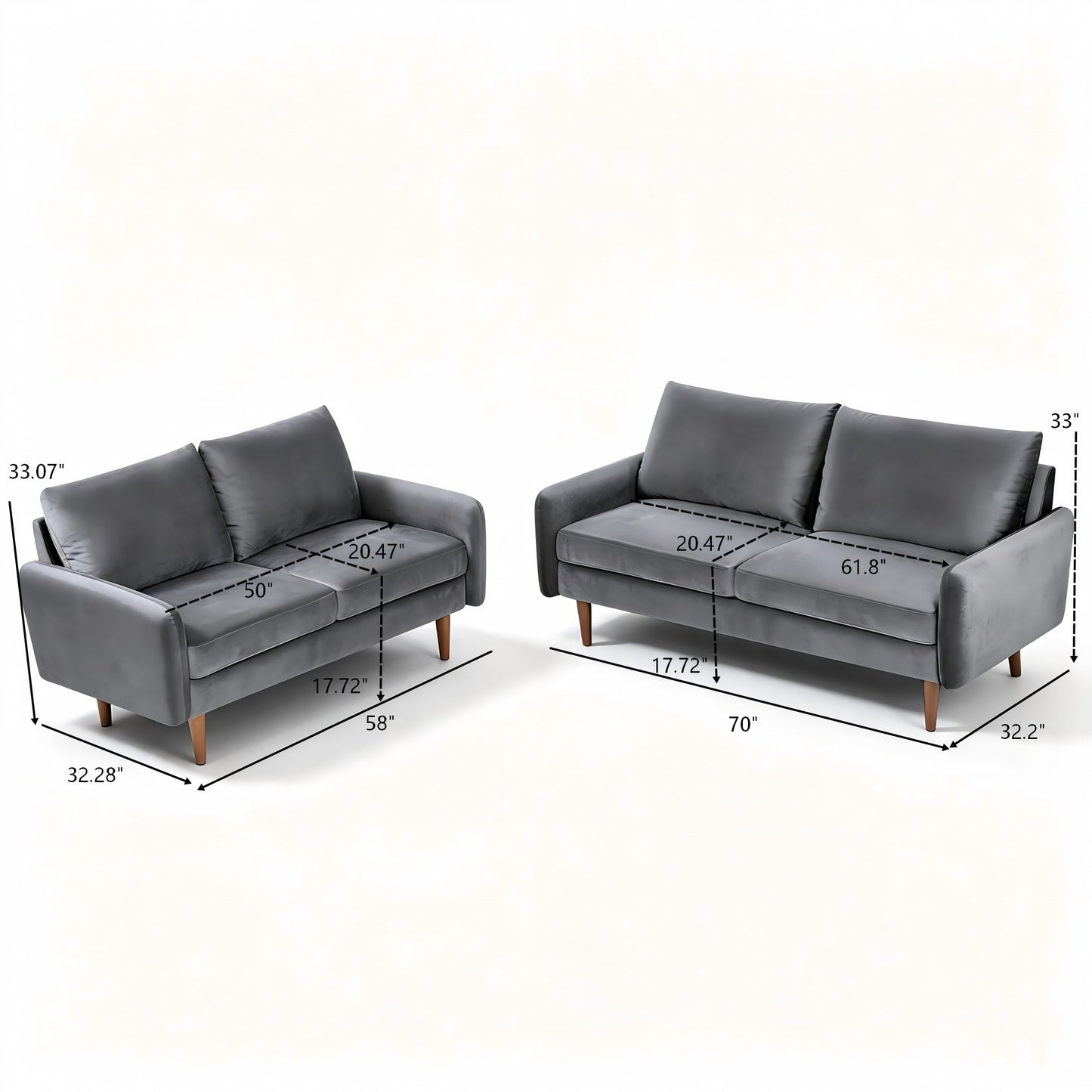 Kent - 2 Piece Sofa & Loveseat Set For Living Room - Gray