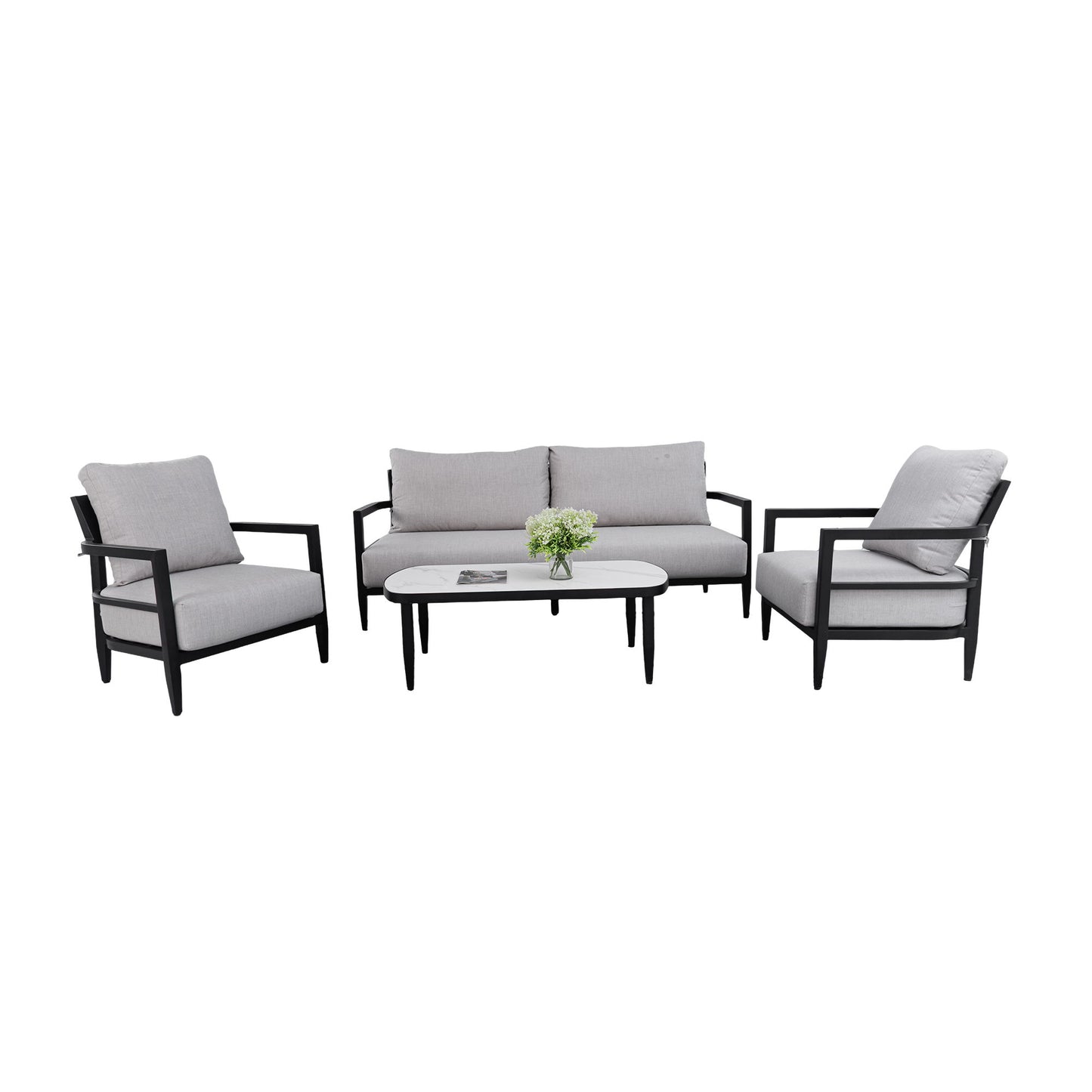 Outdoor Conversation Set With Chairs, Bench Sofa, Tables, Sunbrella Cushions