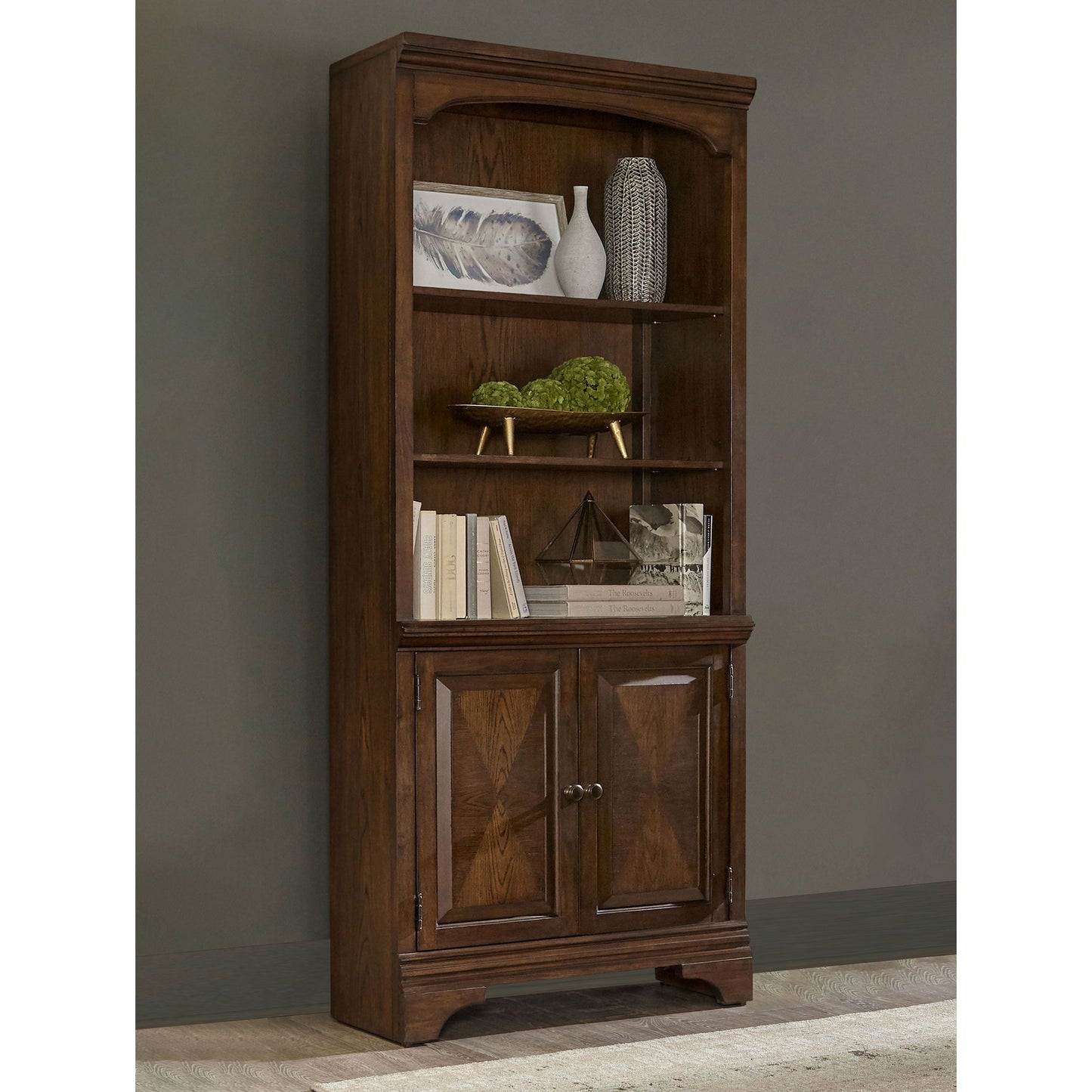 Stigham - Bookcase With 2 Door Cabinet, Adjustable Shelves, Cable Management - Oak