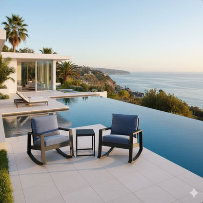 Outdoor Rocking Bistro Set Of 3, Oversized Rocking Chairs With Cushions And Side Table - Black / Blue