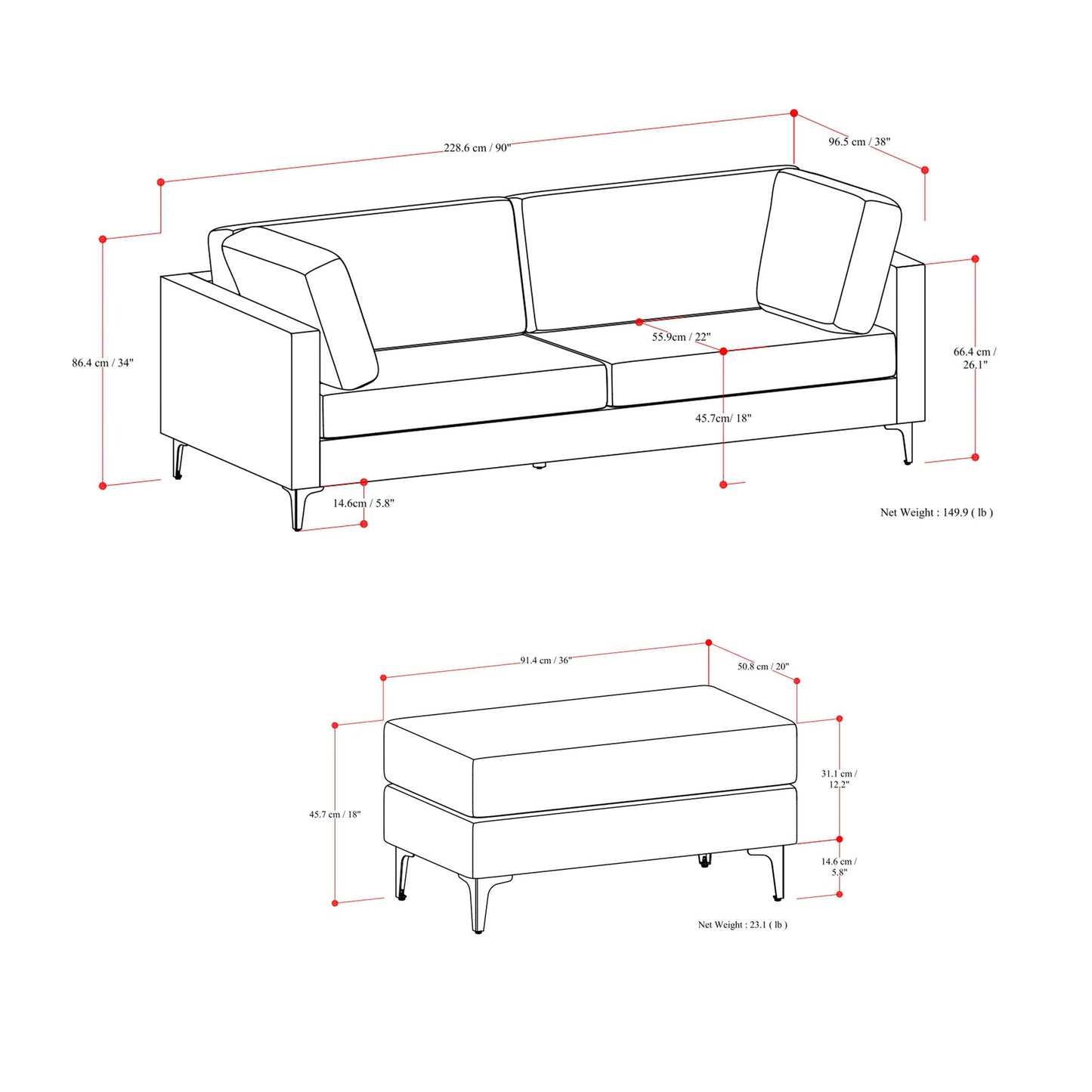 Ava - Mid Century Sofa With Ottoman Set