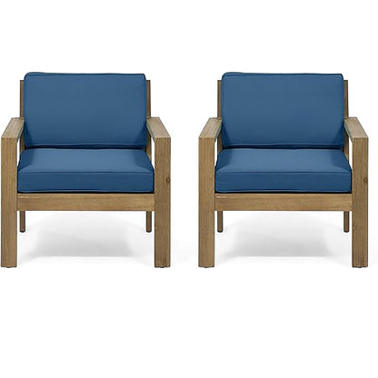 Antoine - Outdoor Acacia Wood Club Chairs With Cushions, (Set of 2)