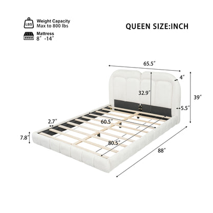 Queen Size Upholstered Platform Bed With Tufted Headboard - White