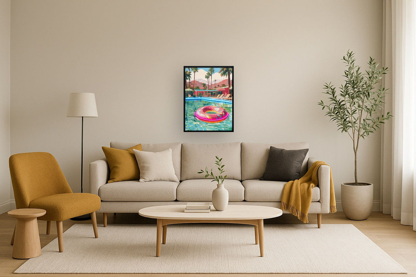 Poolside Escape Hand-Embellished LED Canvas In Frame - Green / Pink