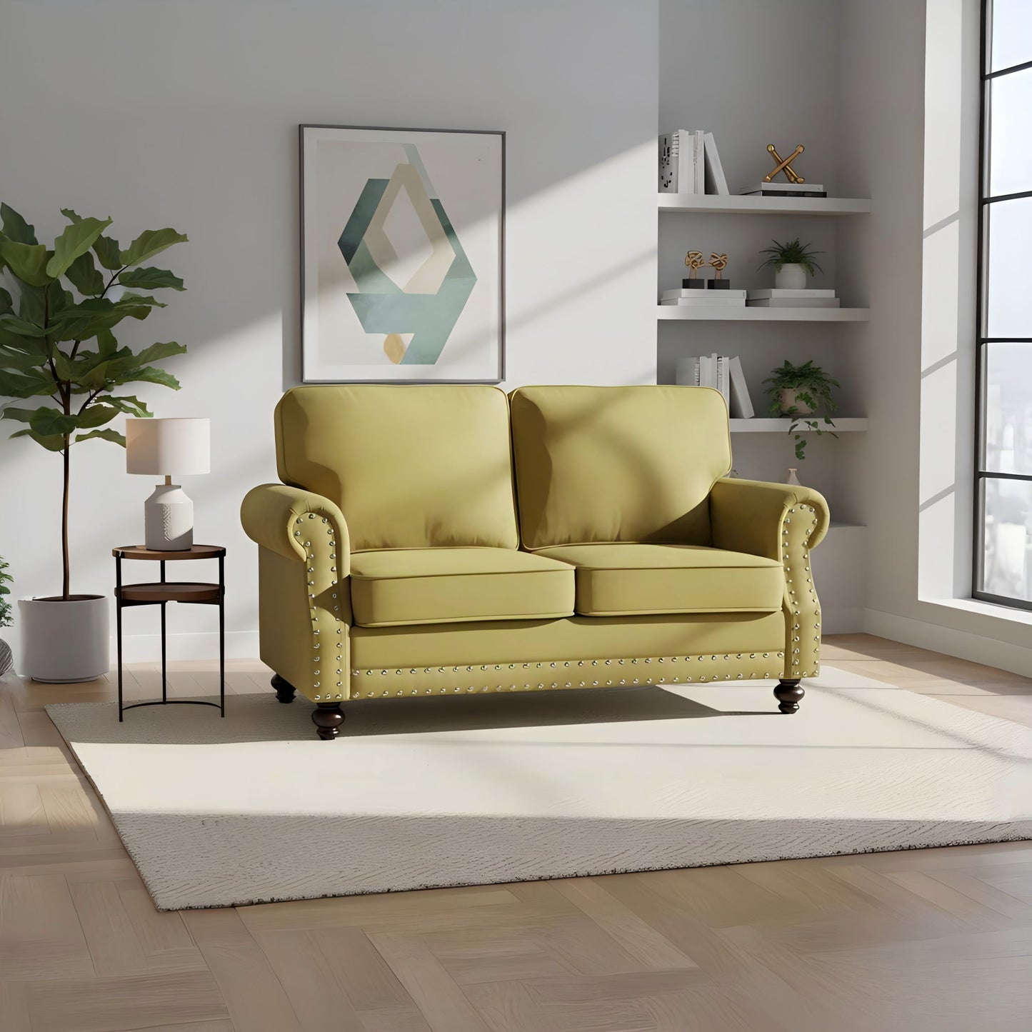 Loveseat Sofa With Nailhead Detail & Turned Legs, 2 Seater Upholstered Couch