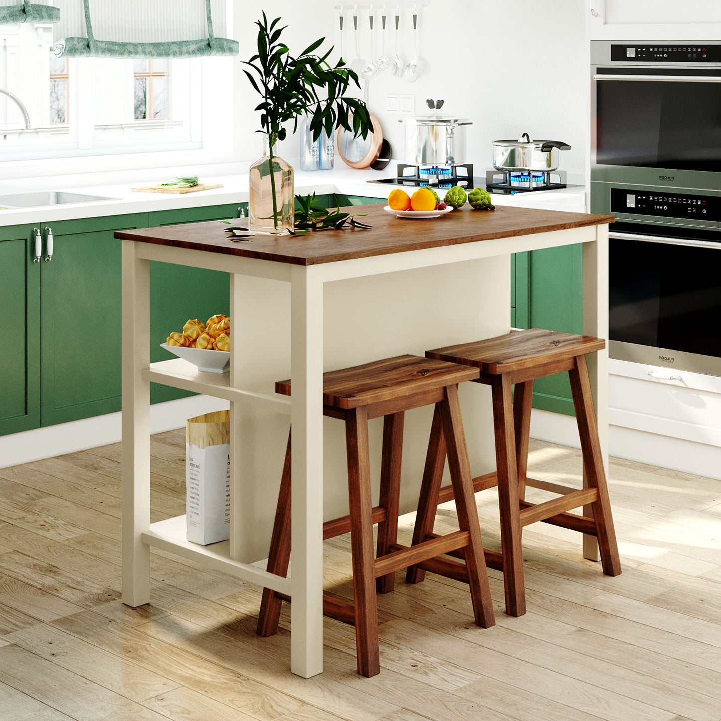 Rustic 3 Piece Stationary Kitchen Island Set With 2 Seatings, With 2 Open Shelves