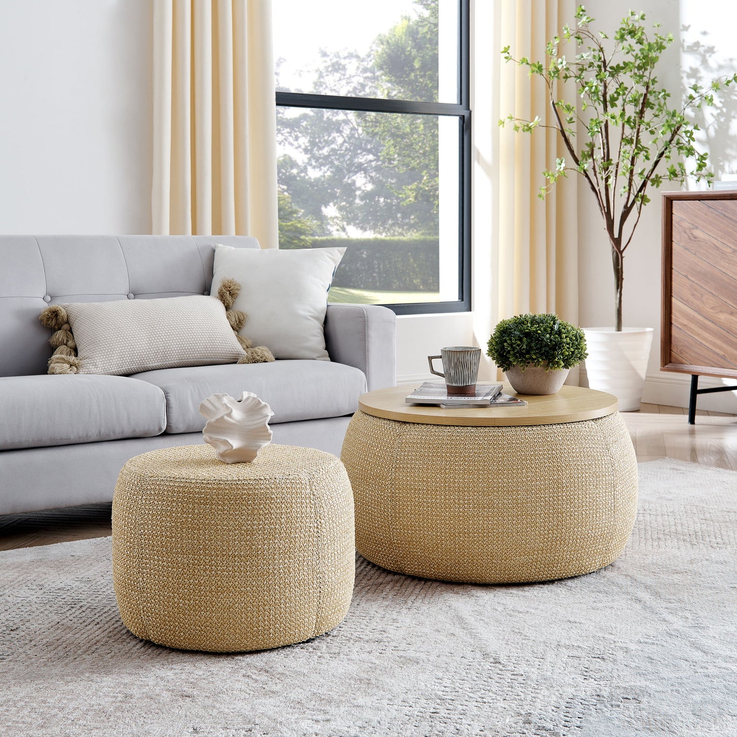 Round Storage Ottoman, 2 In 1 Function, End Table And Ottoman