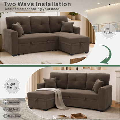 Sleeper Sectional Sofa With Pull Out Bed, Reversible Chaise, Hidden Storage