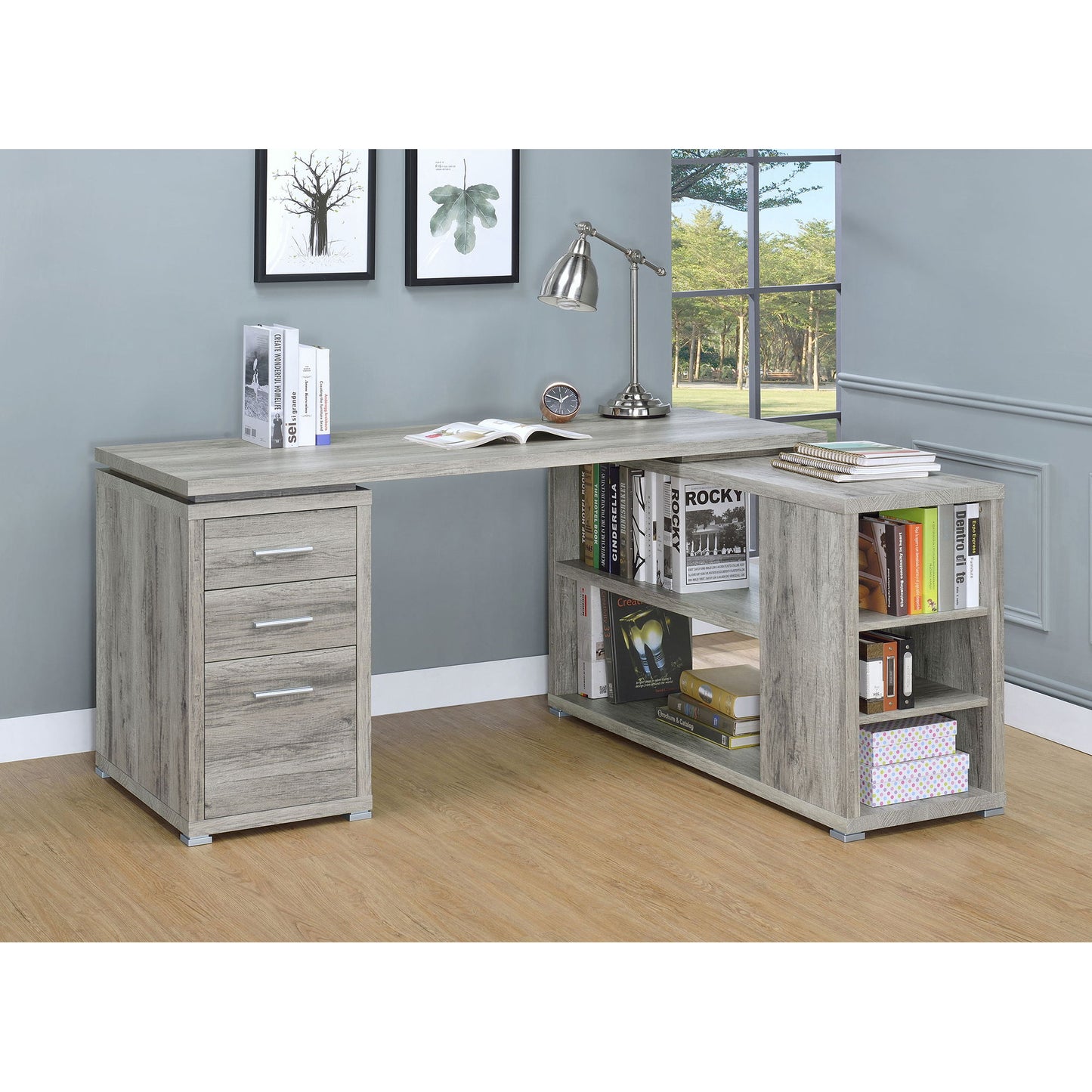 Tona - L-Shape Computer Desk With 3 Drawers And 5 Shelves