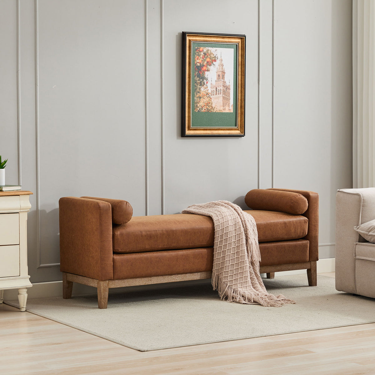 Upholstered End Of Bed Bench With Arms & 2 Bolsters For Bedroom