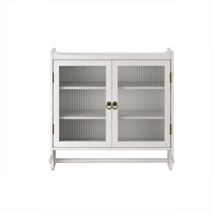 Vintage Double Door Wall Cabinet With Three Tiers Storage And Towel Rack - White Washed