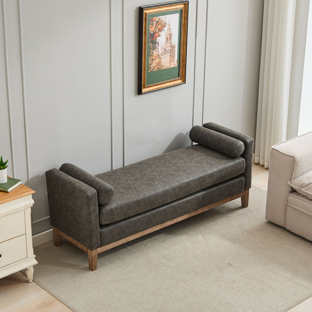 Upholstered End Of Bed Bench With Arms & 2 Bolsters For Bedroom