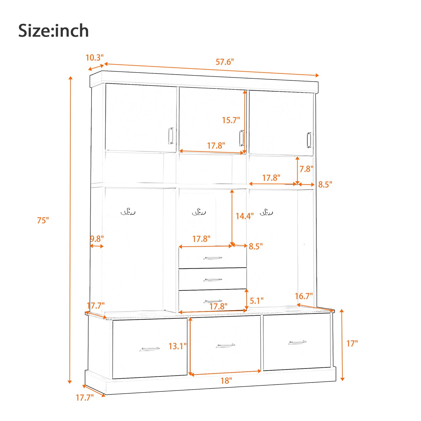 Entryway Hall Tree With Bench And Storage, 5 In 1 Coat Rack