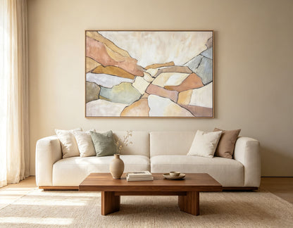 Sunwashed Strata - 48 X 36 - Hand-Embellished Canvas In Frame - Cream