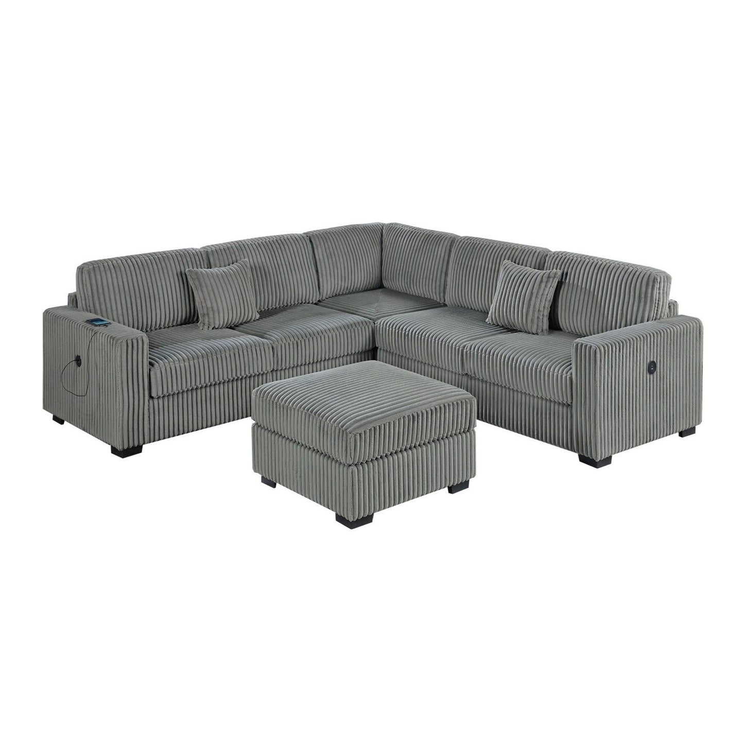 Upholstered L - Shaped 4 Piece Sectional Set With USB, Cocktail Ottoman