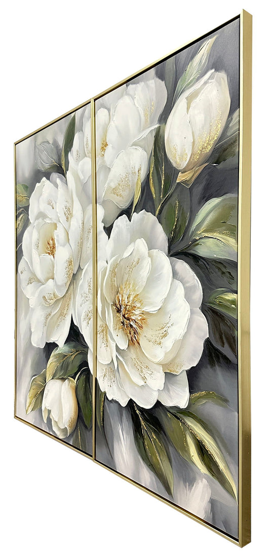 Gold Peony I Hand-Embellished Canvas In Frame - White / Olive