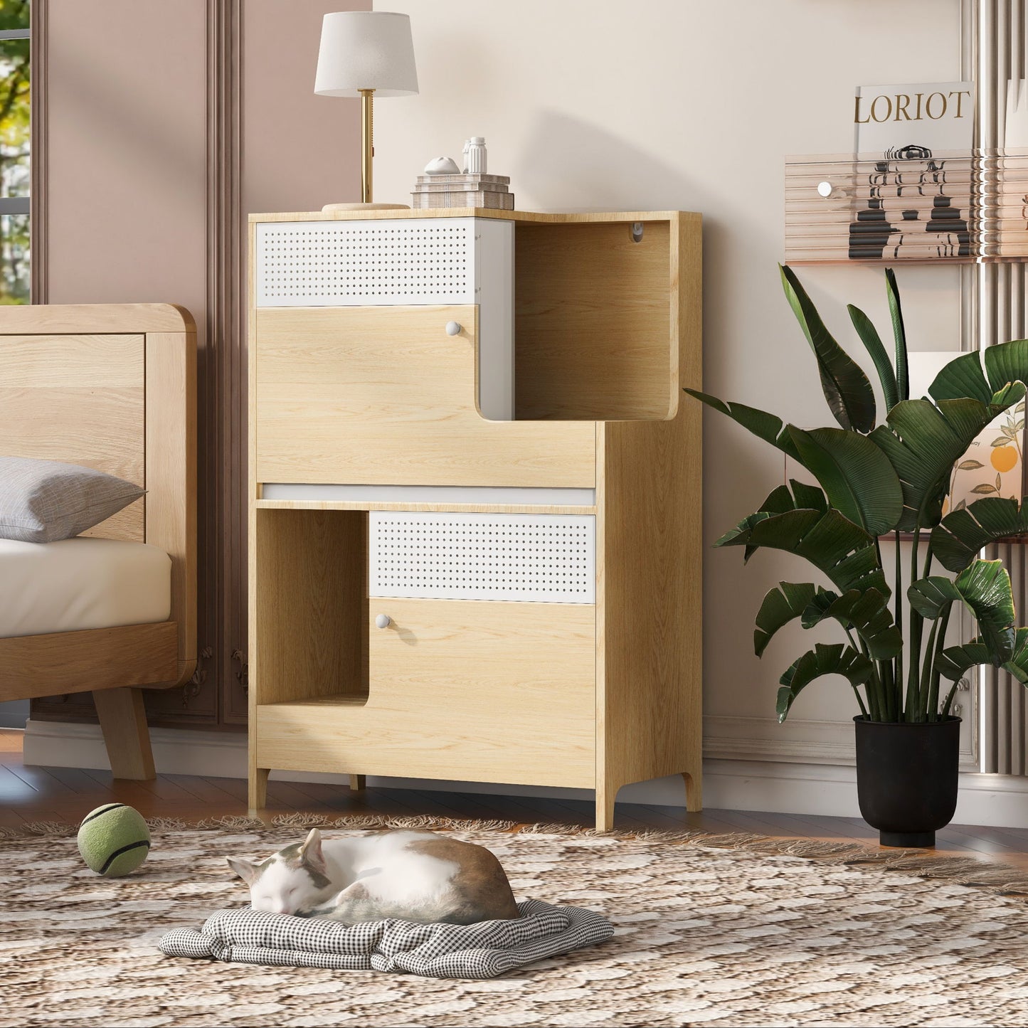 Furniture Style Multi Use Natural Cat Litter Box House With Flip Down Door - Natural
