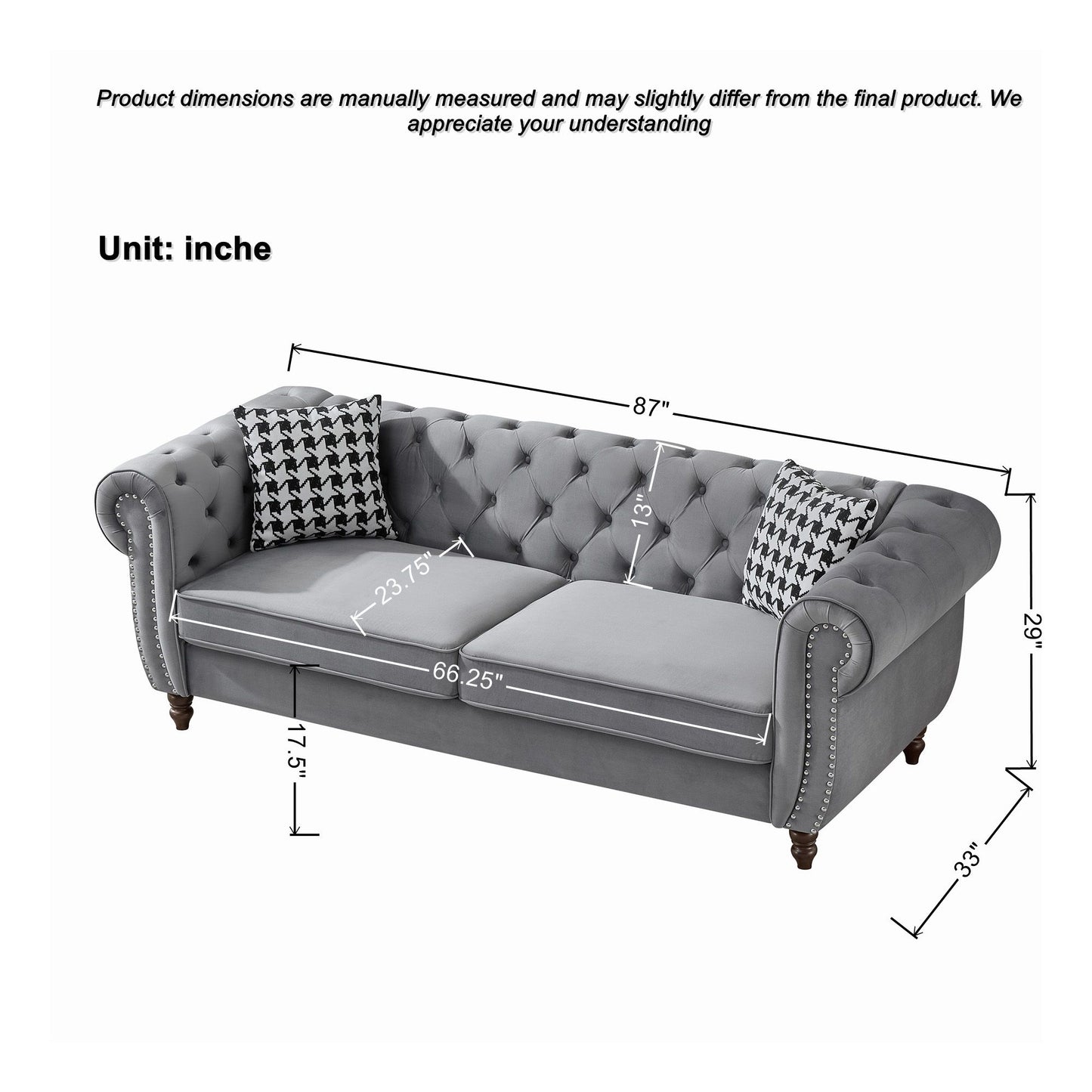 Chesterfield Upholstery Fabric Sofa With Roll Armrest & Nailhead
