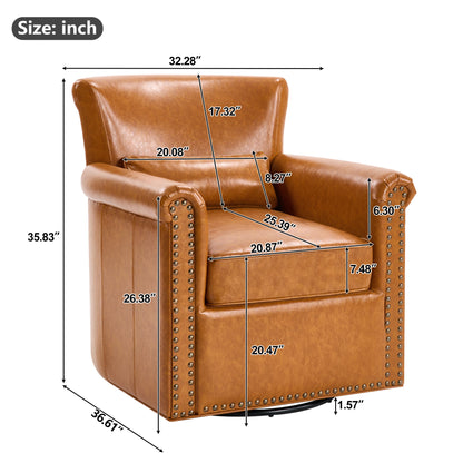 Swivel Accent Chair With Rolled Arm, Sewn Pillow Back, Nailhead Trim For Living Room