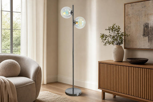 "Celestial Radiance" Metal Floor Lamp With Iridescent Glass Globes - Gun Metal Iridescent Glass