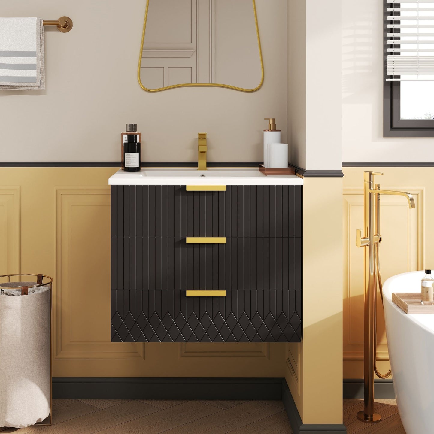 Wall Mounted Floating Cabinet With Double Drawer, Rectangular Sink
