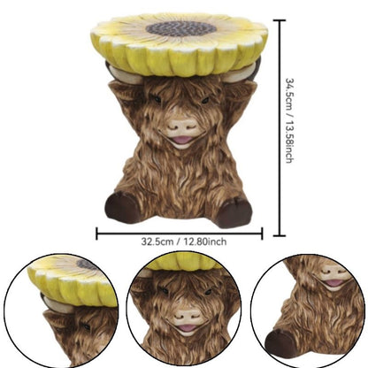 14'' Brown Highland Cow Stool With Yellow Sunflower Top, Cute Farm Animal Side Table Decor, Indoor & Outdoor Creative Figurine Seat For Patio, Garden, Living Room Home Decor