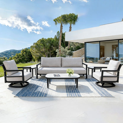 Outdoor Conversation Set With Chairs, Bench Sofa, Tables, Sunbrella Cushions