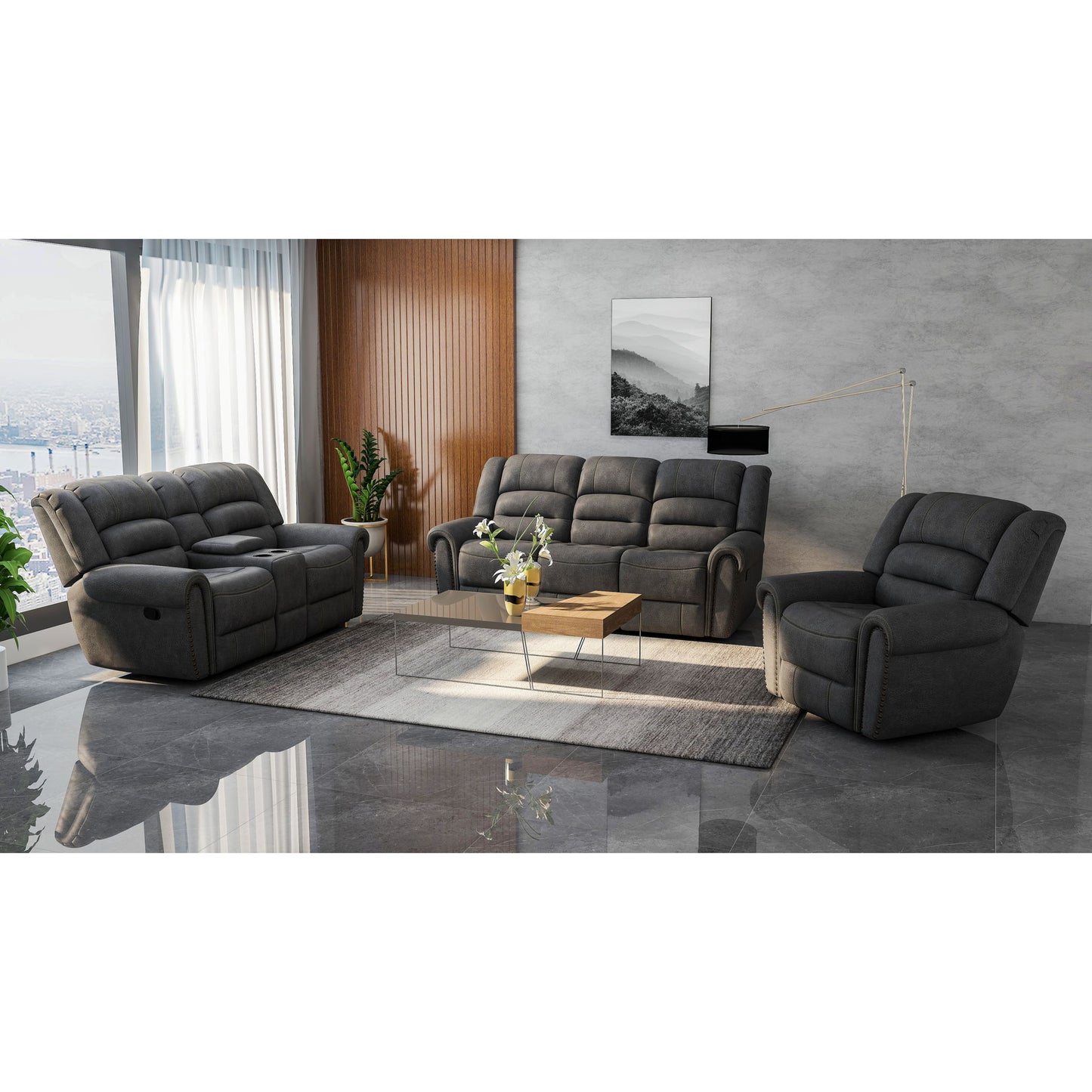 Reclining Sofa - Gray - Faux Leather