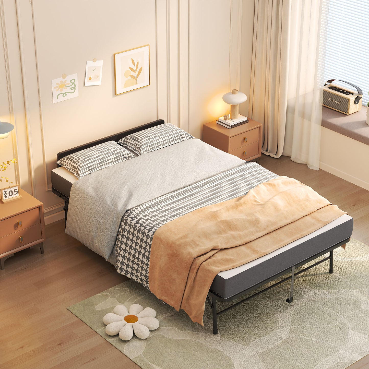 Twin Extra Long Folding Bed With Adjustable Headboard, Cot With Memory Foam Mattress - Black