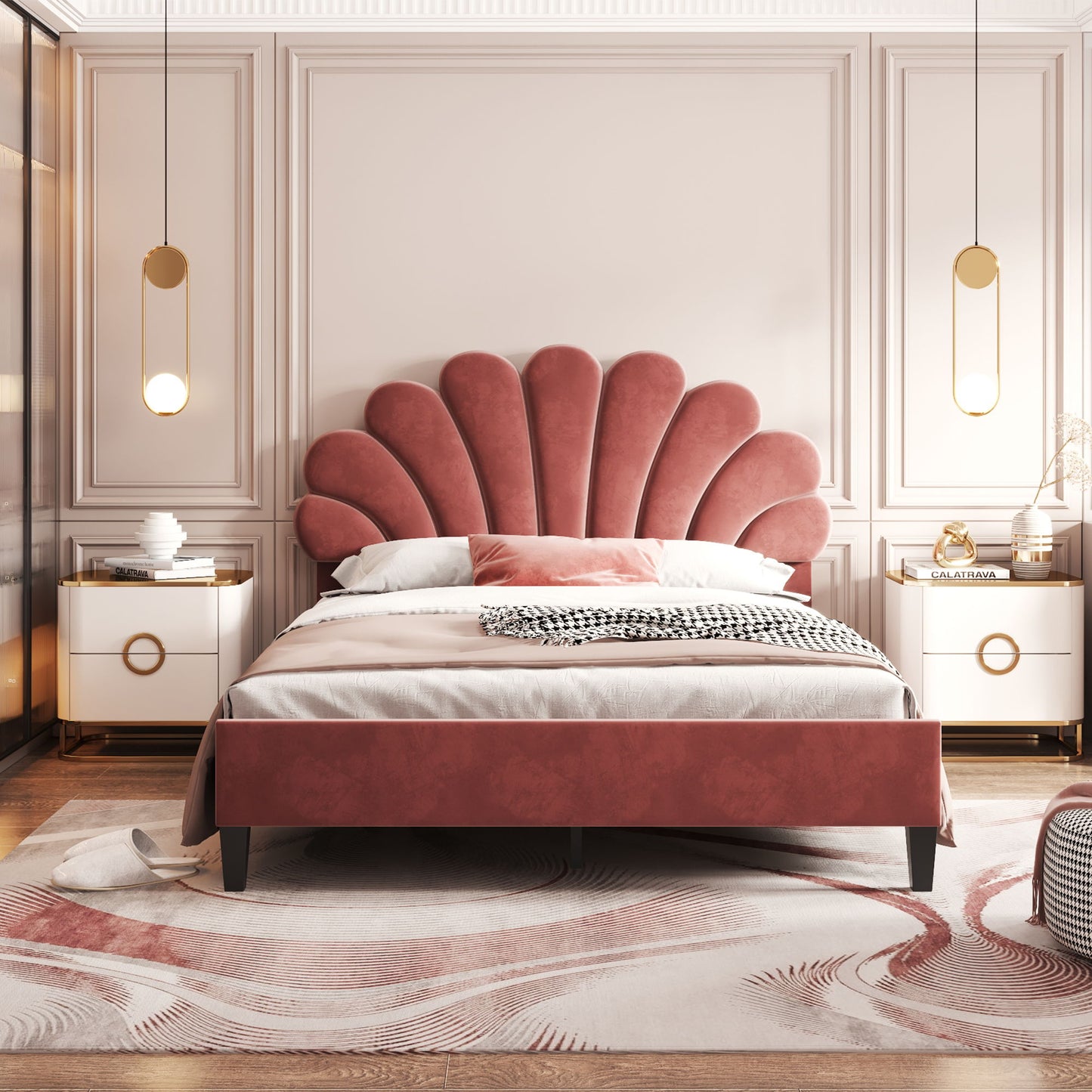 Upholstered Platform Bed With Flower Pattern Headboard