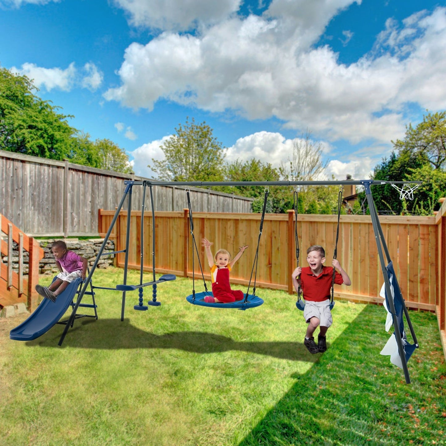 Interesting Six Function Swingset With Net Swing Metal Plastic Safe Swing Set 440Lbs For Outdoor Playground For Age 3+ With 31.5" Net Swing - /