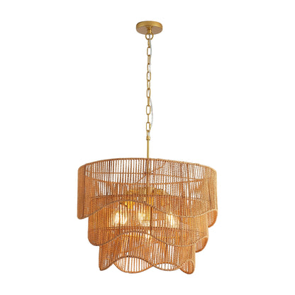 Chandelier With 7 Light E26 Base, Adjustable Height Wave Pendant Light For Living Room - Gold