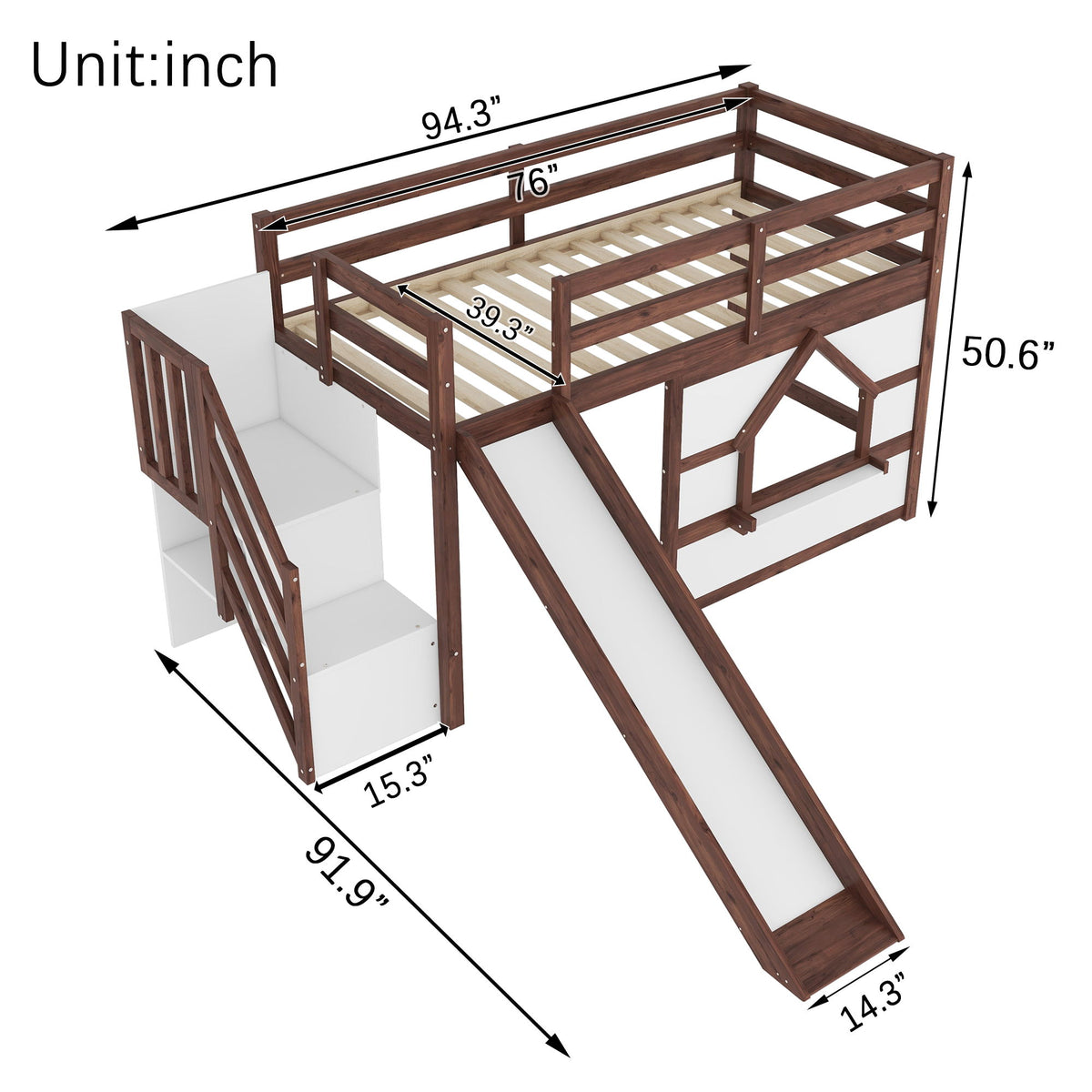 Loft Bed With Storage Stairs, Slide, Playhouse Window And 7 Colors LED Lights