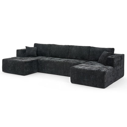 U - Shaped Sectional Sofa, Cup Holders & Side Pockets For Living Room