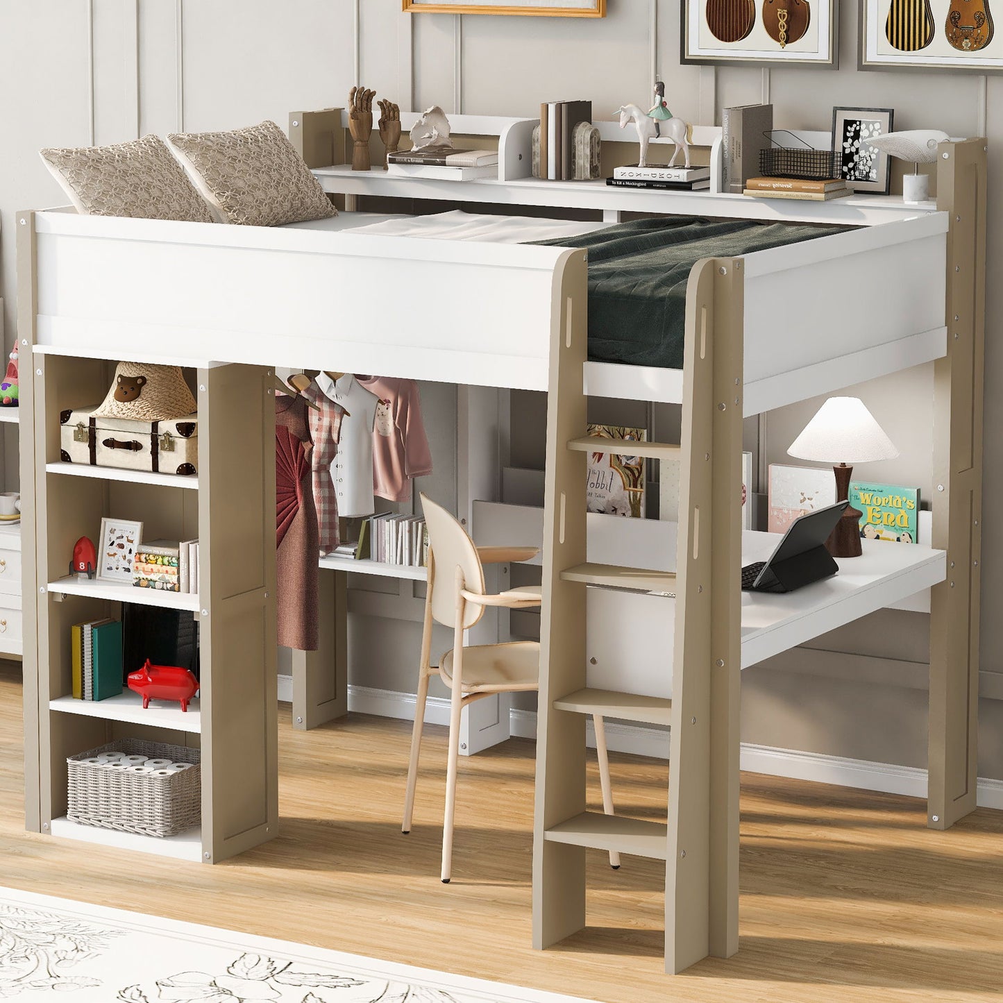 Loft Bed With Built In Storage Shelves, Clothes Rail, And Desk