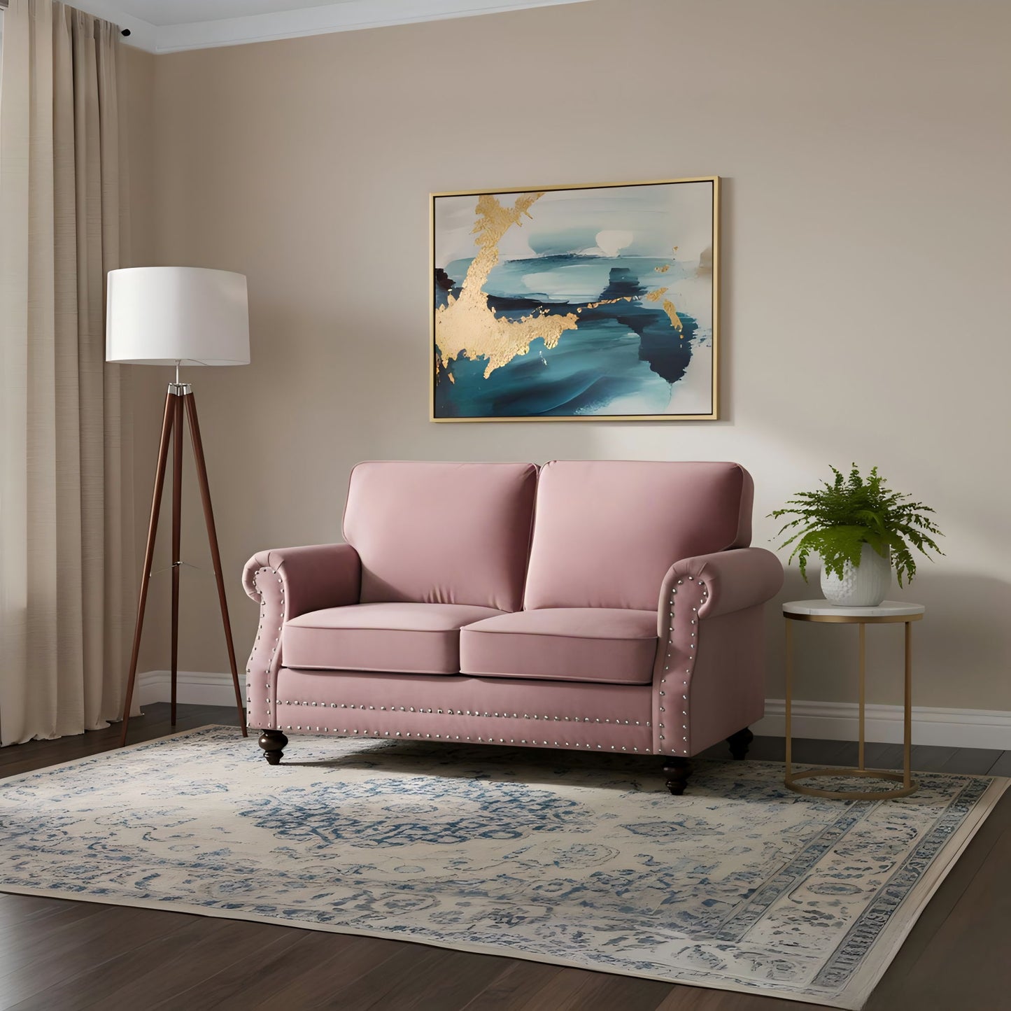 Loveseat Sofa With Nailhead Detail & Turned Legs, 2 Seater Upholstered Couch