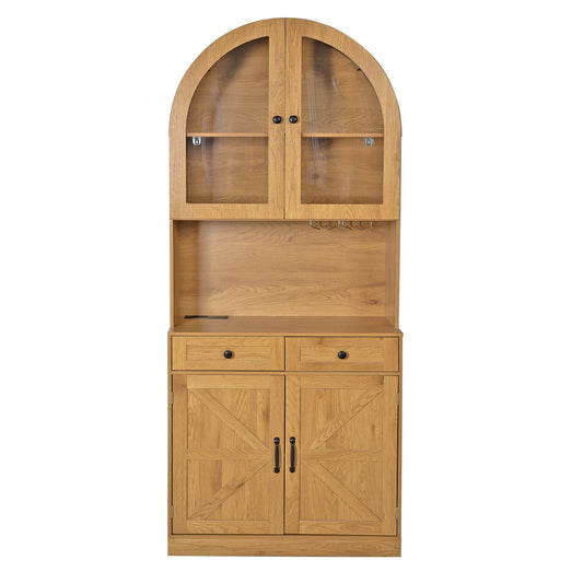 Tall Arched Pantry Cabinet With Charging Station, Adjustable Shelves, Coffee Bar