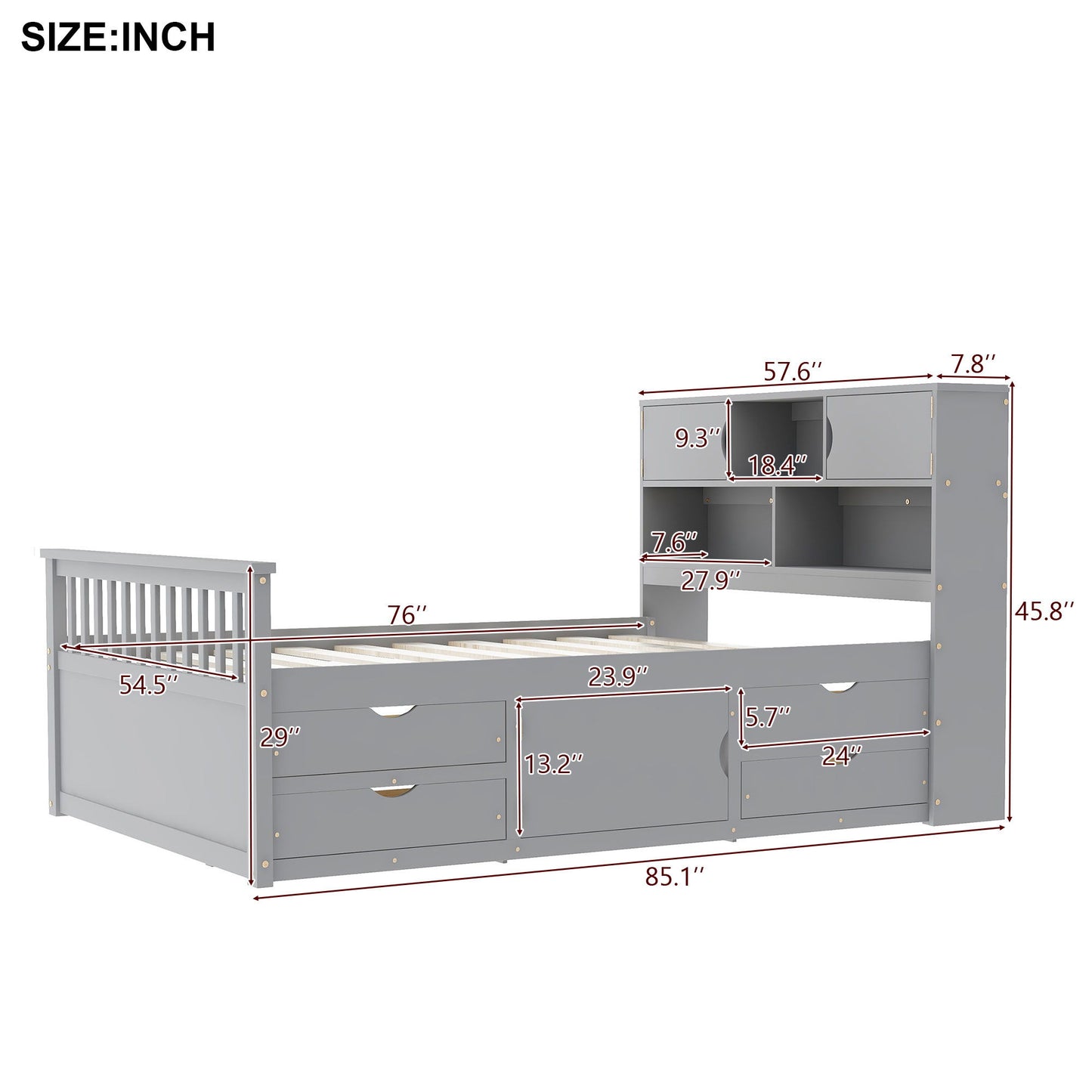Captain Platform Bed Frame With Bookcase Headboard, 4 Drawers, Storage Shelves