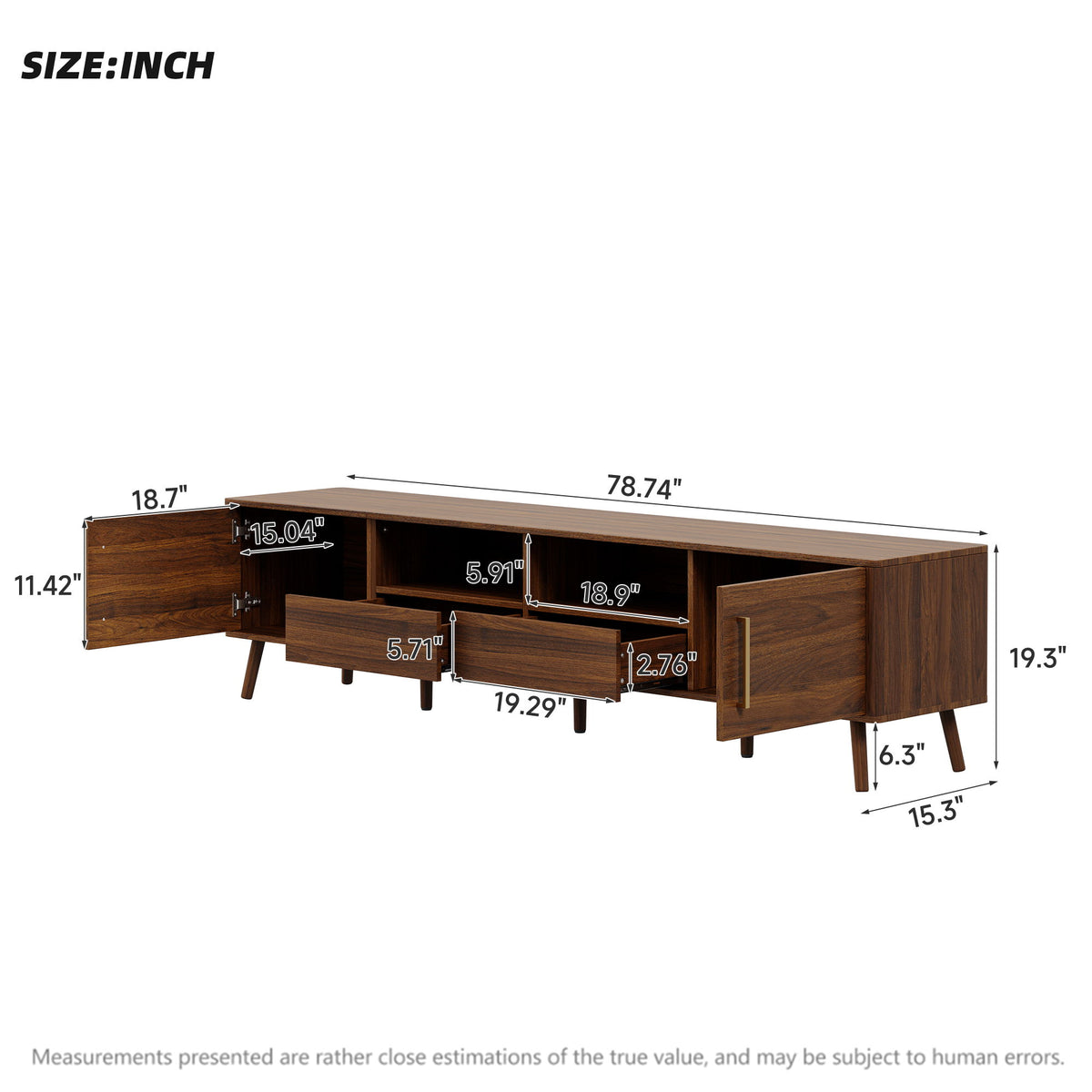 78" TV Stand For 85" TVs With Soft Close Doors, Open Shelf - Walnut