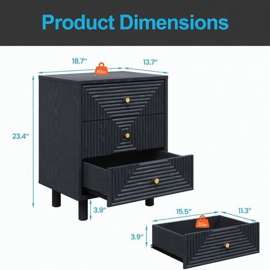 3 Drawer Nightstand - Black - Wood