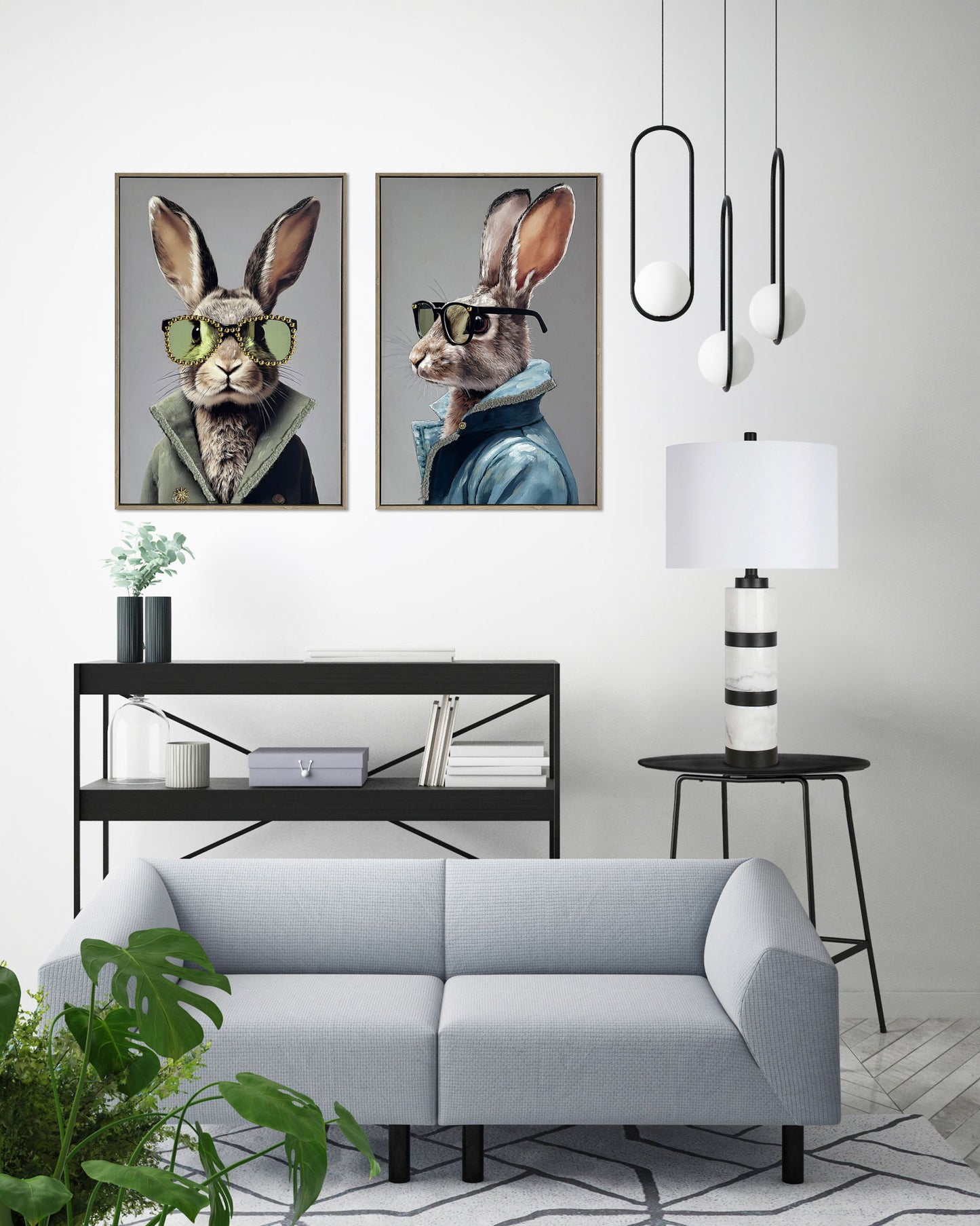 Velvet Hare II Hand-Embellished Canvas With Fabric In Frame - Gray / Blue