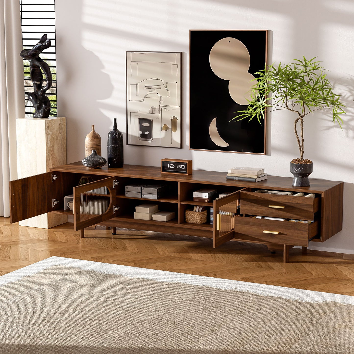 TV Stand With Fluted Doors, 2 Drawers - Walnut